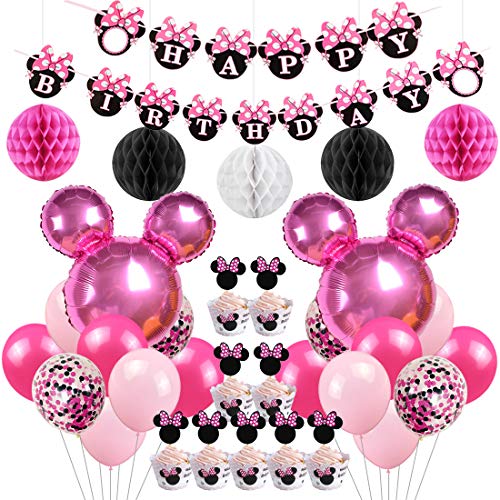 Jollyboom Artículos de Fiesta de cumpleaños con temática de Minnie Decoraciones Globos de Minnie Envolturas de Cupcake Envolturas para el Primer, Segundo y Tercer cumpleaños