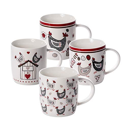 Juego de 4 Tazas de Desayuno, Tazas de Café Té Originales 365 ml de Porcelana con Animales de Granja Gallina, Regalos Mujer y Hombre