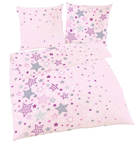 Juego de cama infantil de franela fina con estrellas y estrellas en color rosa, lila y gris, funda nórdica de 135 x 200 cm, 100 % algodón Juego de cama infantil de franela fina con estrellas y estrellas en color rosa, lila y gris, funda nórdica de 135 x 200 cm, 100 % algodón