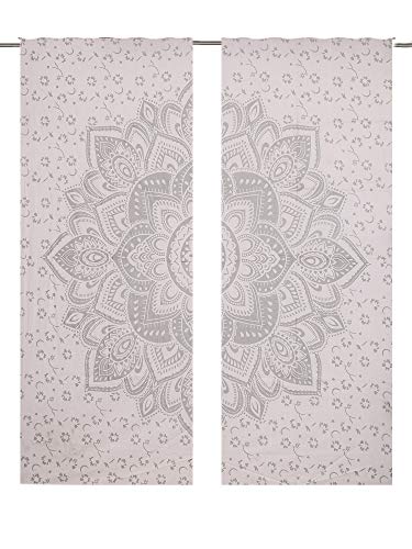 Juego de cortinas con diseño de flores y un gran mandala de flor de color plateado, 2 paneles Juego de cortinas con diseño de flores y un gran mandala de flor de color plateado, 2 paneles