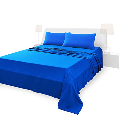 Juego de sábanas completo para cama de matrimonio, material 100% puro algodón, sábanas y 2 fundas de almohada, ropa de cama de color liso, azul real