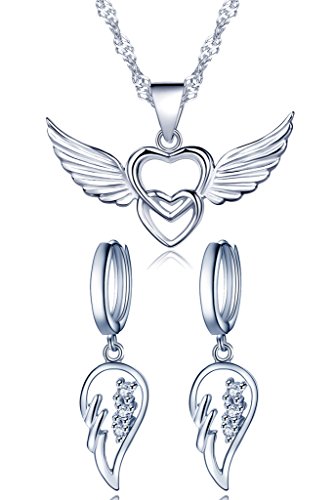 Juegos de Joyas Set de joyas Yumilok de plata de ley 925 y circonitas, cadena con colgante de dos corazones y pendientes de alas de ángel, para mujer