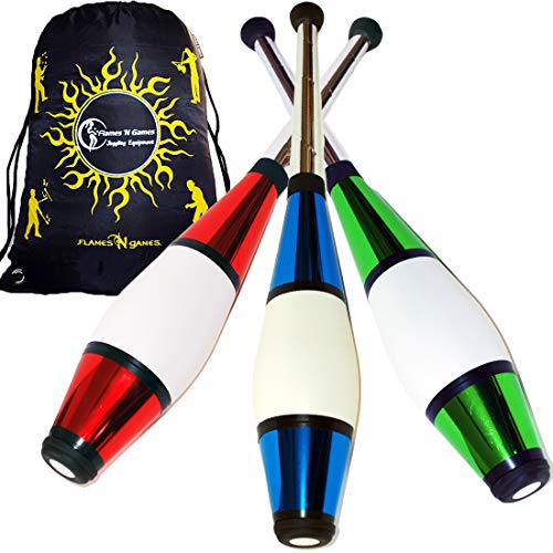 Juggle Dream Euro Pro Malabares Clubs Juego de 3 (¡12 Combinaciones de Colores!) ¡Clubes de Entrenamiento Decorativos metálicos + Bolsa de Viaje Flames N Games! (Rojo / Azul / Verde)