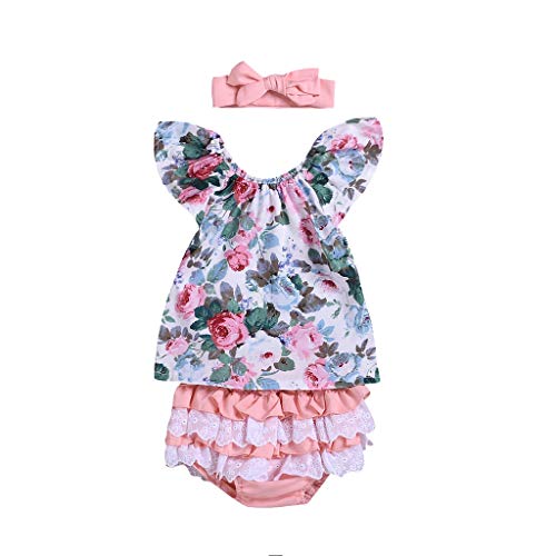 Julhold - Conjunto de blusas de algodón y pantalones cortos con volantes de encaje y mangas casuales para bebés de 3 a 24 meses Rosa rosa 24 meses