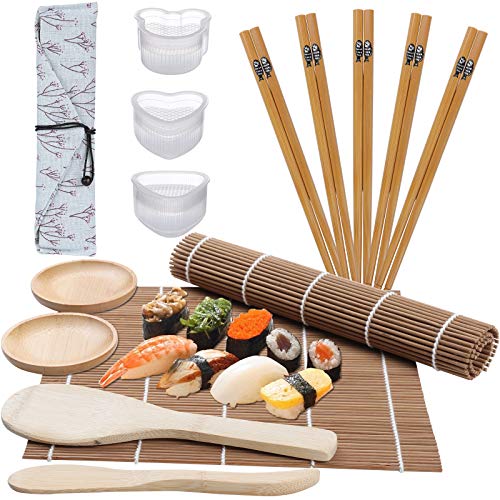 Kit Sushi, GuKKK 12 Piezas Herramienta para Hacer Sushi de Bambú Kit y 3 arroz Moldes, Kit de Fabricación de Sushi de Bambú, Incluir 2 Esterillas para Sushi, 5 pares de Palillos, Bandeja para Sushi