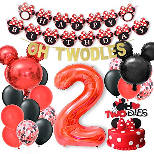 Kreatwow Oh Twodles Minnie 2nd Birthday Decorations Mickey and Minnie Party Supplies Red and Black Cake Topper Banner Garland