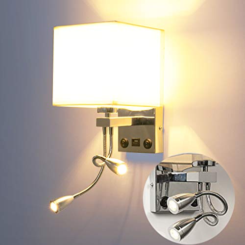 LEDMO Lámpara de lectura,Lámpara de pared Bombilla regulable E27 de 3 colores 5W, con interruptor，2 luces de lectura flexibles ajustables y 1 interfaz USB
