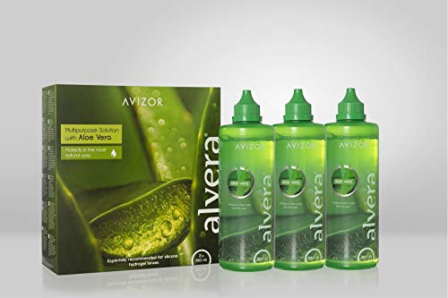 Líquido de lentillas AVIZOR Alvera 3 × 350 ml con estuches. Solución para limpieza y desinfección de todo tipo de lentes de contacto blandas.