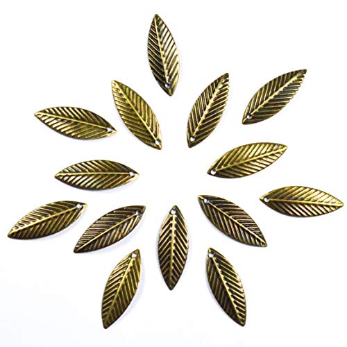 Lote de 14 abalorios de hojas de bronce, con forma de hojas de árbol de bronce antiguo, colgantes, accesorios de joyería, pompón, manualidades – 14 unidades