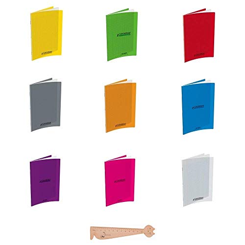 Lote de 9 cuadernos 24 x 32 – 96 páginas – Tapa de polipropileno – Cuadros grandes Seyes – Colores surtidos + 1 regla marcadora de páginas de madera Blumie