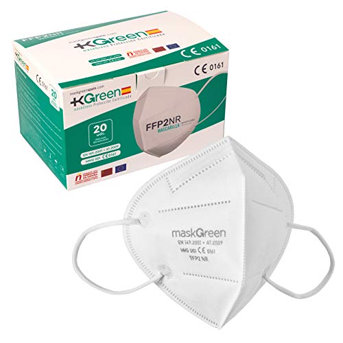 MaskGreen - Mascarilla FFP2 Homologada - Caja 20 Mascarillas de Protección CE - Precio 0,90€/ud. - Fabricadas en España. Normativa UNE-EN 149:2001 + A1:2009 (MODULOS B + C2)