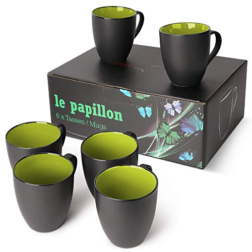 MIAMIO - 6 x 350 ml Juego de Taza de Café/Copa de desayuno exterior negro interior de color (Verde)