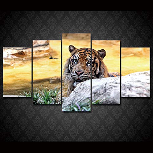 MINCOCO HD Impreso Cartel Pintura Lienzo Arte de la Pared Imágenes 5 Panel Animales africanos Tigre Cocina Restaurante Decoración Sala de Estar, Unframed 30X40 30X60 30X80cm