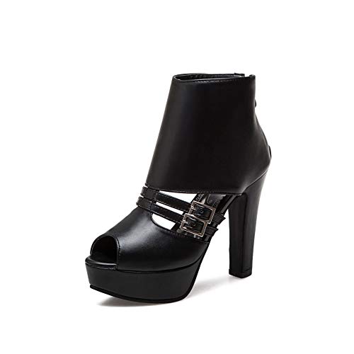 Mujer Sandalias Tacón Alto Verano Block Heel Sandalias Tobillo Zapatos Fiesta Peep Toe Sandalias 34-50,Negro,41