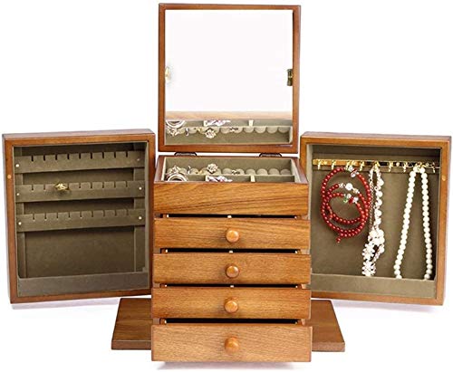 Multifunctional Caja de almacenamiento de joyas 5 Capas Retro Estilo Europeo Joyería de madera Joyería Caja de almacenamiento con espejo Pulsera Pulsera Joyas Joyas Joyas (Color: madera de cerezo, Tam