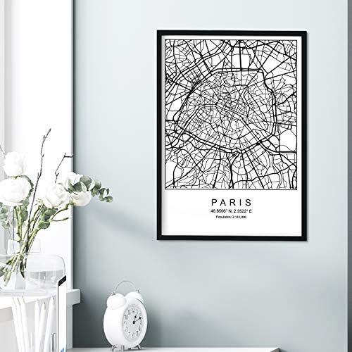 Nacnic Lámina Mapa de la Ciudad Paris Estilo nordico en Blanco y Negro. Poster tamaño A3 Sin Marco Impreso Papel 250 gr. Cuadros, láminas y Posters para Salon y Dormitorio