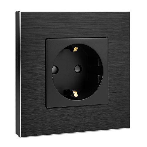 Navaris Enchufe con marco de aluminio - Cubierta de 8.5 x 8.8 CM para empotrar en pared - Placa individual para enchufes de la UE Schuko tipo F negro