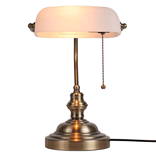 Newrays Lámpara de escritorio de vidrio blanco para banqueros con interruptor de cadena de extracción, Acabado de bronce verde