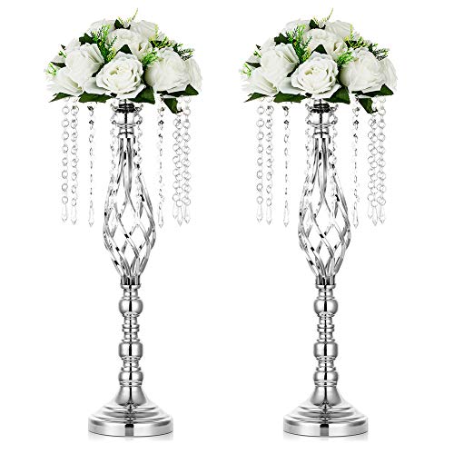 Nuptio 2 Piezas Centros de Mesa Plata para Bodas Soporte de Flores, 55cm Altura Jarrones de Flores Plomo para Bodas, Arreglos Flores Artificiales de Cristal para Bodas Fiestas Cumpleaños Eventos