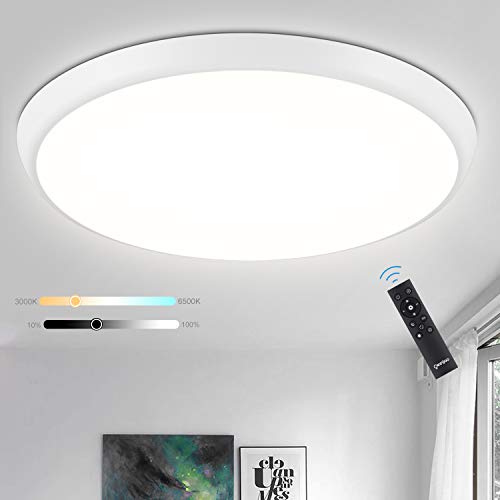 Oeegoo Lámpara LED de techo regulable 24 W 2700Lm, IP54 resistente al agua lámpara de techo con mando a distancia, Plafón LED regulable como luz nocturna, lámpara de baño, φ30cm