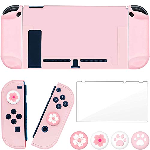 OLDZHU Funda protectora Compatible con Nintendo Switch,Funda rosada delgada y acoplable para Consola NS y controladores Joy-Con,Con Protector de pantalla de cristal,4Tapas de agarre para el pulgar