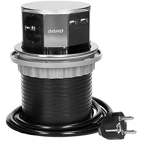 Orno AE-1381(GS) Enchufe Multiple Retractible con 3 Tomas + 2x USB 3650W max Ø 10 cm con Cable Schuko de 1,5 m