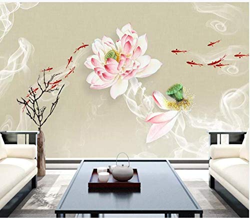 Papel pintado autoadhesivo pegatinas personalizadas mural pared mueble tv Tinta y tinta, flor de loto, grupo de peces, pintura de decoración de pared de fondo