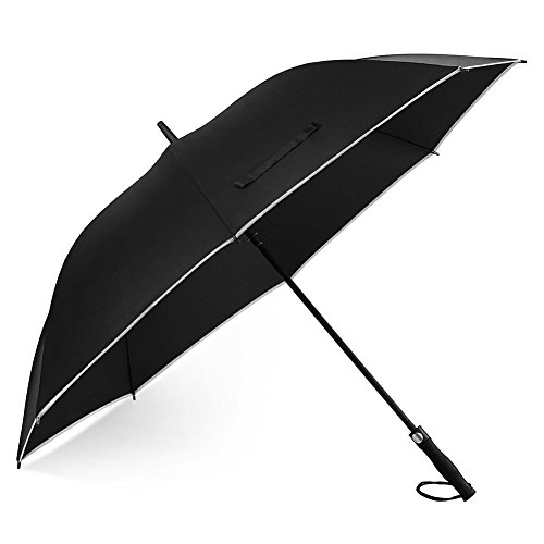 Paraguas de golf extragrande resistente al viento con superficie de 157,48 cm (62 pulgadas), borde reflectante, apertura y cierre automático, recto, para hombres y mujeres., negro