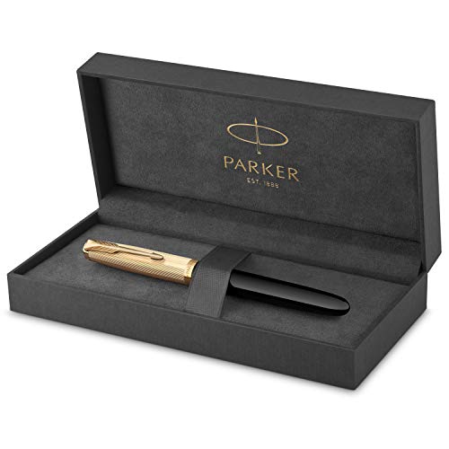Parker 51 pluma estilográfica | cuerpo de lujo de color negro con adorno dorado | plumín mediano de 18 K con cartucho de tinta negra | estuche de regalo