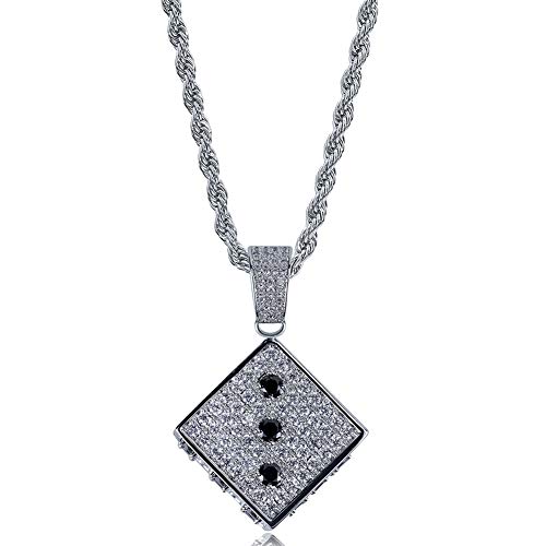 Personalidad de los hombres Cubo Dice Drop Colgante de dos tonos en blanco y negro Zircon Hip Hop Jewelry Necklace 60cm-Silver-One size