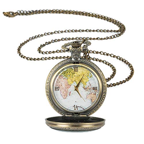 QULONG Reloj de Bolsillo Reloj de Bolsillo con Colgante de Collar de Mapa de Cadena Antiguo Retro