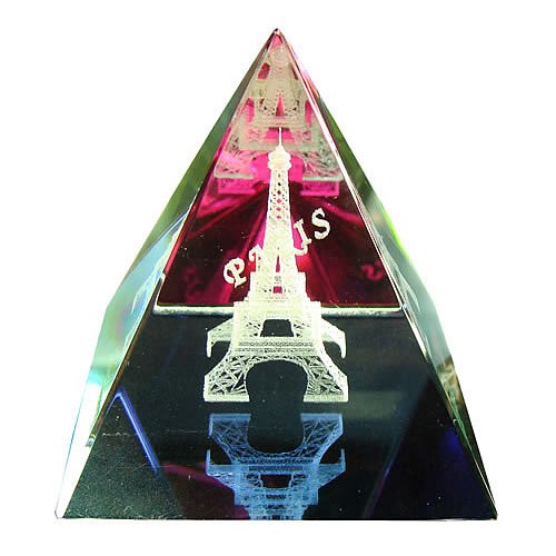 Recuerdo de pirámide con torre Eiffel irisada, cristal, transparente, 5x5x5cm