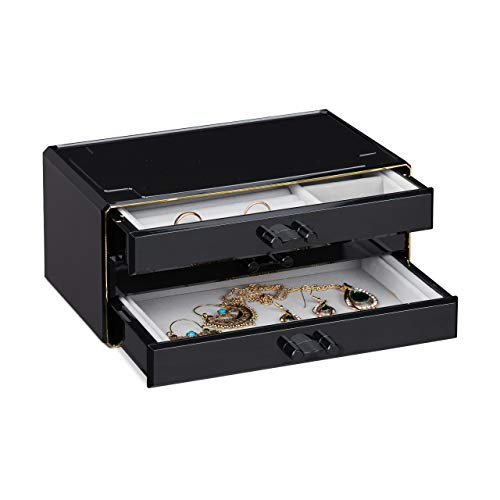 Relaxdays Schmuckbox - Joyero (3 cajones, varios compartimentos, terciopelo, plástico, 10,5 x 23,5 x 15 cm), color negro y dorado
