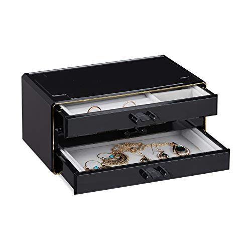 Relaxdays Schmuckbox - Joyero (3 cajones, varios compartimentos, terciopelo, plástico, 10,5 x 23,5 x 15 cm), color negro y dorado Relaxdays Schmuckbox - Joyero (3 cajones, varios compartimentos, terciopelo, plástico, 10,5 x 23,5 x 15 cm), color negro y dorado