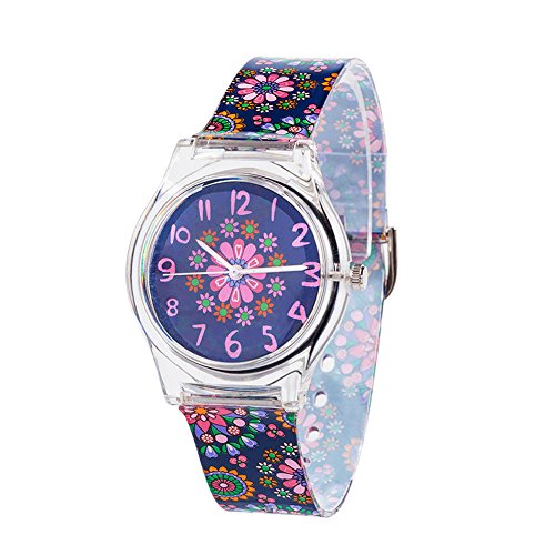 Reloj de pulsera para niños y adolescentes ideal para aprender las horas, con correa de silicona, color negro y motivo floral pequeño