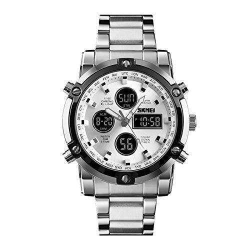 Relojes Hombre Analógico-Digital Cronómetro Relojes Calendario Alarma Relojes Deportivo LED Acero Inoxidable, Plata-Blanco