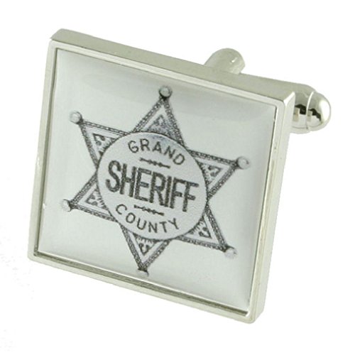 Sheriff Badge Gemelos para hombres Gemelos de plata de ley sólida 925 + caja de grabado mensaje, personalizable