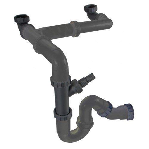 Sifón doble para fregadero de cocina de 2 senos, lavavajillas y lavadora - conexión horizontal o vertical Sifón doble para fregadero de cocina de 2 senos, lavavajillas y lavadora - conexión horizontal o vertical