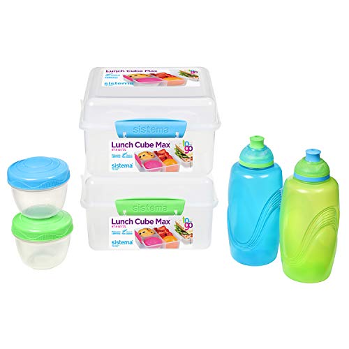 Sistema To Go fiambreras y recipientes de comidas para niños | 2 botellas de agua para niños Twist 'n' Sip, 2 Lunch Cube Max con separadores y 2 recipientes para yogur herméticos | Sin BPA