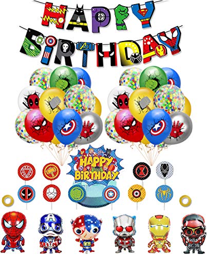 smileh Decoracion Cumpleaños Superheroes Globos de Superhéroe Feliz Cumpleaños del Pancarta Adornos de Pastel para niños Decoraciones de Cumpleaños Fiesta Marvel
