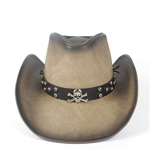 Sombrero de vaquero sin marca para hombres Sombrero de vaquero occidental de cuero para hombres con banda de cuero Ala enrollada CGFEUR (Color: Tan Talla: 58-59)