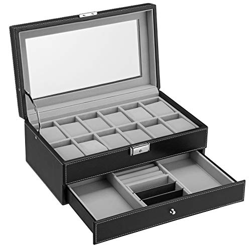 SONGMICS Caja de Reloj de 2 Capas, Caja de Reloj de 12 Ranuras con un Cajón, Tapa de Cristal, para Anillos, Pulseras, Idea de Regalo, Cuero Sintético Negro, Forro Gris JWB012G01