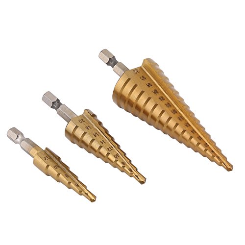 Step Drill Center Punch Set 3pcs Revestimiento de titanio 4-32mm 4-20mm 4-12mm Broca de taladro con perforador central automático de latón Herramienta eléctrica para acero Latón Madera Plástico