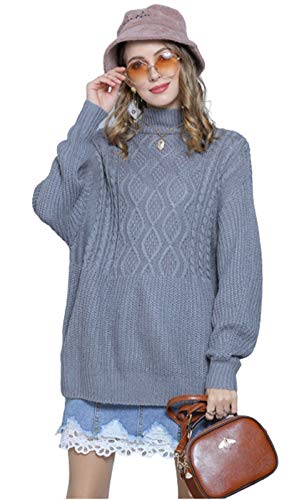 Suéter casual para mujer, manga larga, cuello alto, con cable, longitud media, elástico, elástico, holgado, manga larga, jersey de punto sólido, color gris, M