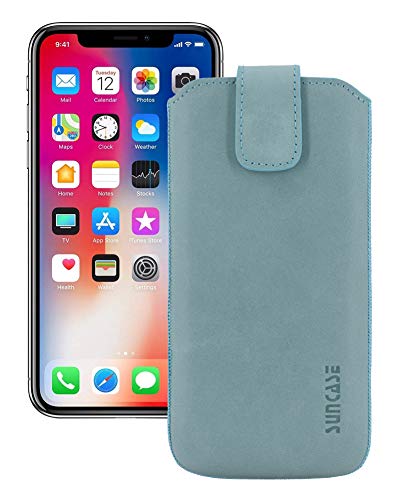 Suncase Funda de piel auténtica compatible con iPhone XS Max (6,5 pulgadas) con funda transparente adicional, carcasa de silicona con pestaña retráctil y cierre magnético), color turquesa envejecido