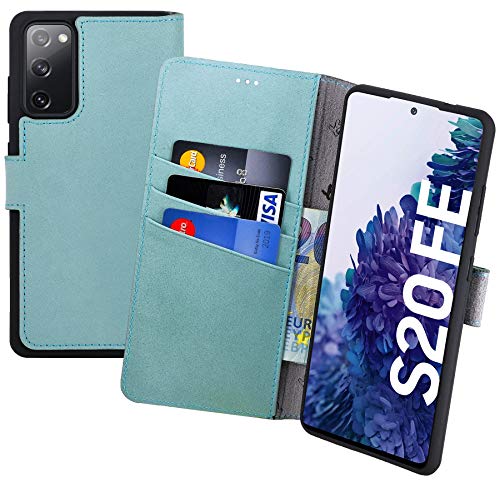 Suncase Funda estilo libro compatible con Samsung Galaxy S20 FE, funda de piel (slim fit), funda protectora con 3 ranuras para tarjetas, en color turquesa envejecido