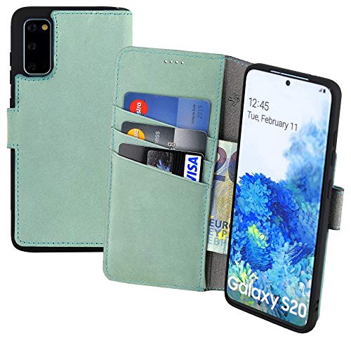 Suncase Funda tipo libro compatible con Samsung Galaxy S20 de piel (SlimFit), funda de piel con 3 compartimentos para tarjetas, en color turquesa envejecido