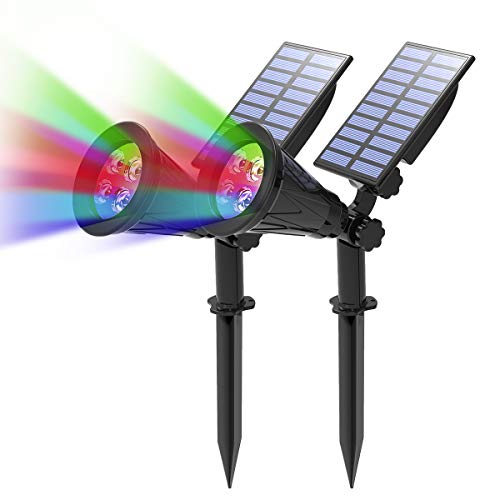 T-SUN (2 Unidades Foco Solar, Impermeable Luces Solares Exterior, 4 Color Cambio, 2 Modos de Iluminación Opcionales, ángulo de 180° Ajustable, Luz de Jardín para Entrada, Entrada, Camino.