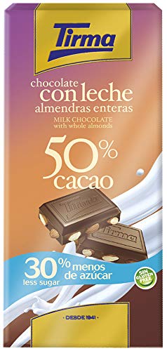 Tirma Chocolate con Leche 50% Cacao con Almendras Enteras, 30% Menos de Azúcar, 125 Gramos
