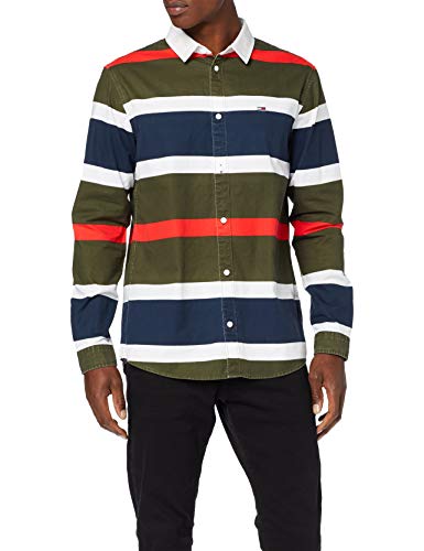 Tommy Hilfiger TJM Retro Stripe Shirt Camisa, Multicolor (Olive Night/Multi 307), Medium para Hombre